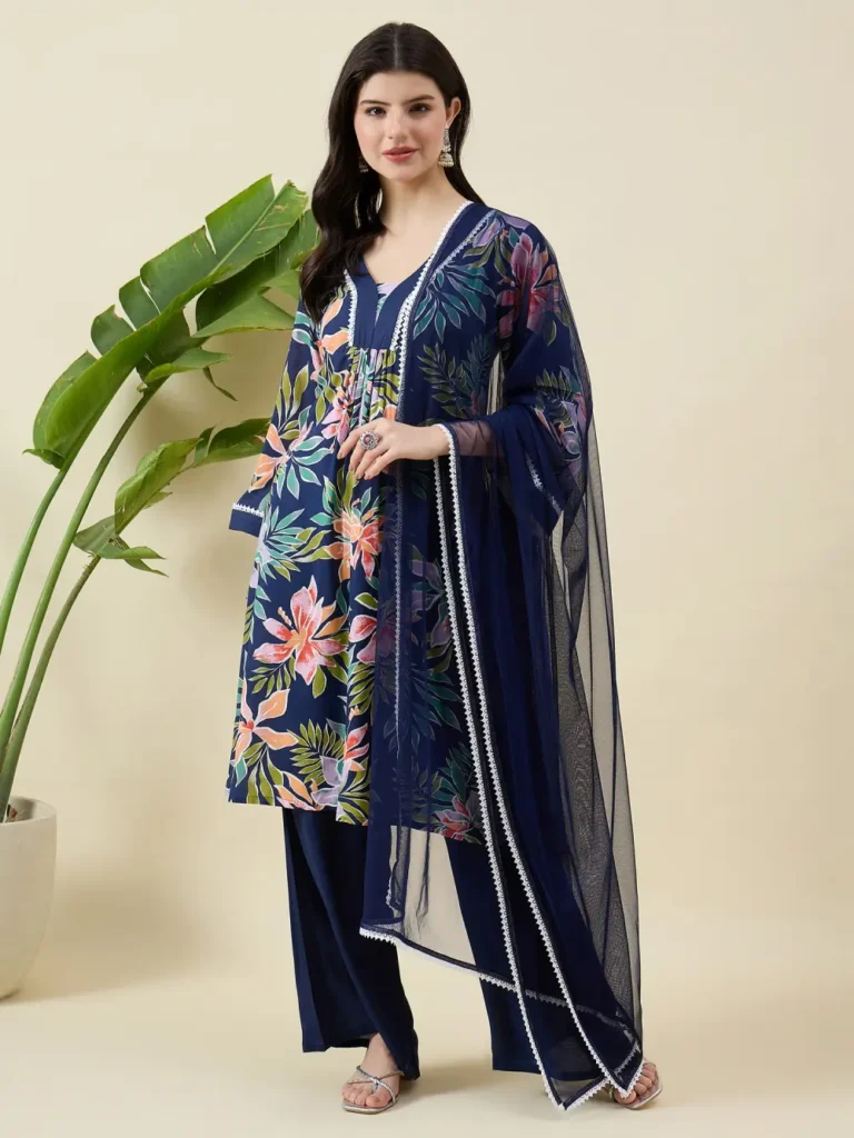 Blue Printed Cotton Kurta Set