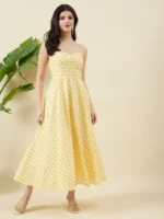 Gingham checks Print White and Yellow Cotton Dress