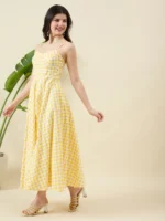 Gingham checks Print White and Yellow Cotton Dress