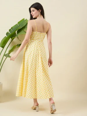 Gingham checks Print White and Yellow Cotton Dress