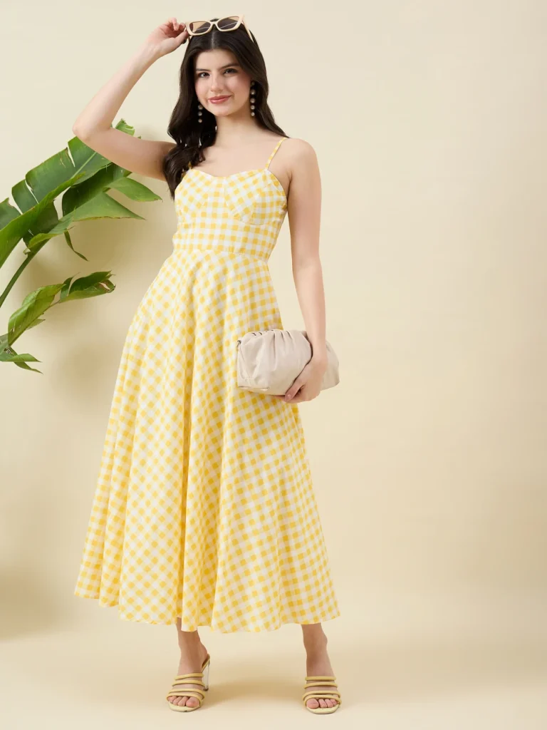 Gingham checks Print White and Yellow Cotton Dress