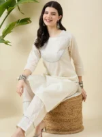 Beige Lurex Cotton Kurta Set