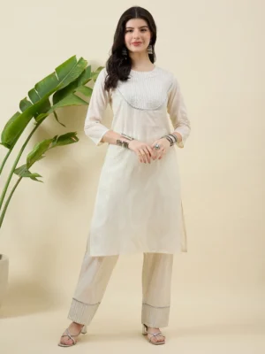 Beige Lurex Cotton Kurta Set