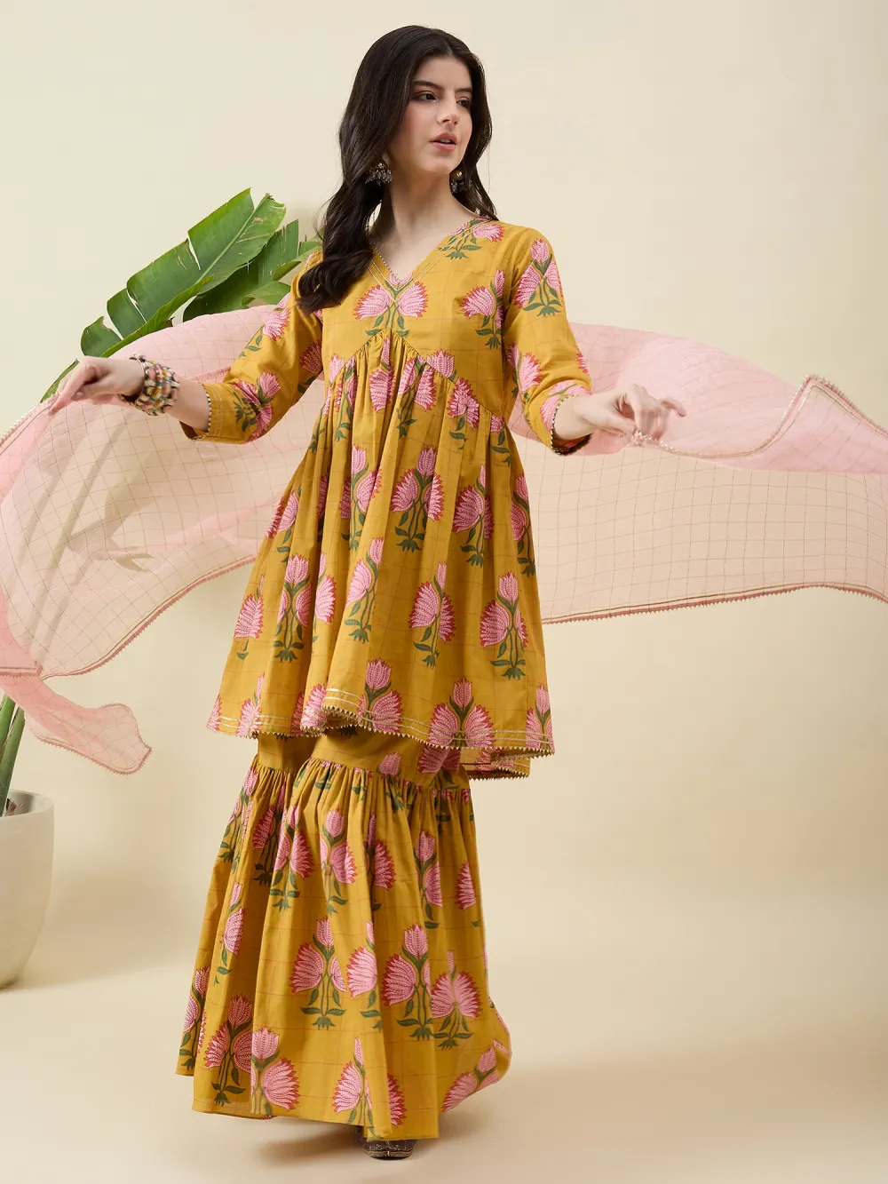 Mustard Block Printed Sharara Set