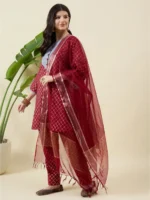 Red and Grey Kurta Set with Dupatta
