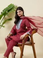 Red and Grey Kurta Set with Dupatta