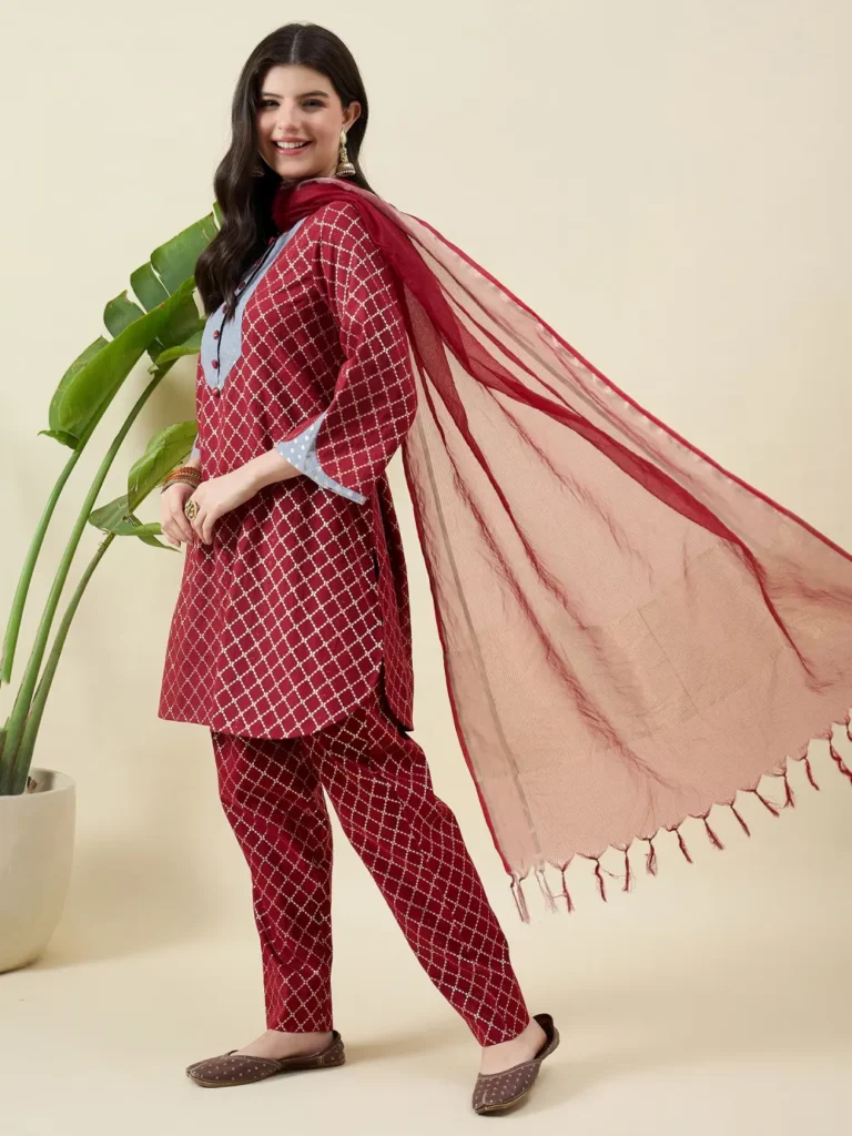 Red and Grey Kurta Set with Dupatta