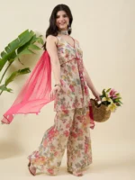 Printed Beige Kurta with Palazzo and Dupatta Set