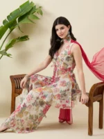 Printed Beige Kurta with Palazzo and Dupatta Set