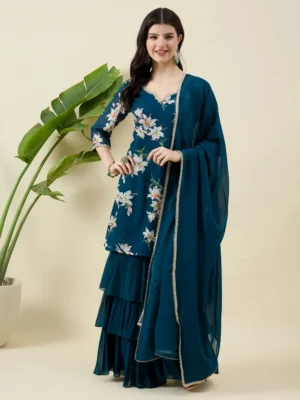 Printed Blue Kurta and Sharara Set