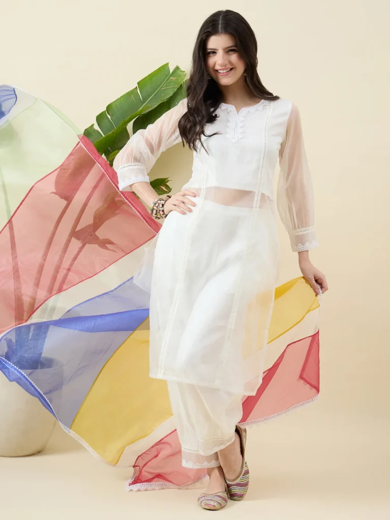 White Organza Kurta Set with Multicolour Dupatta