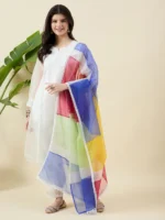 White Organza Kurta Set with Multicolour Dupatta