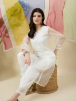 White Organza Kurta Set with Multicolour Dupatta