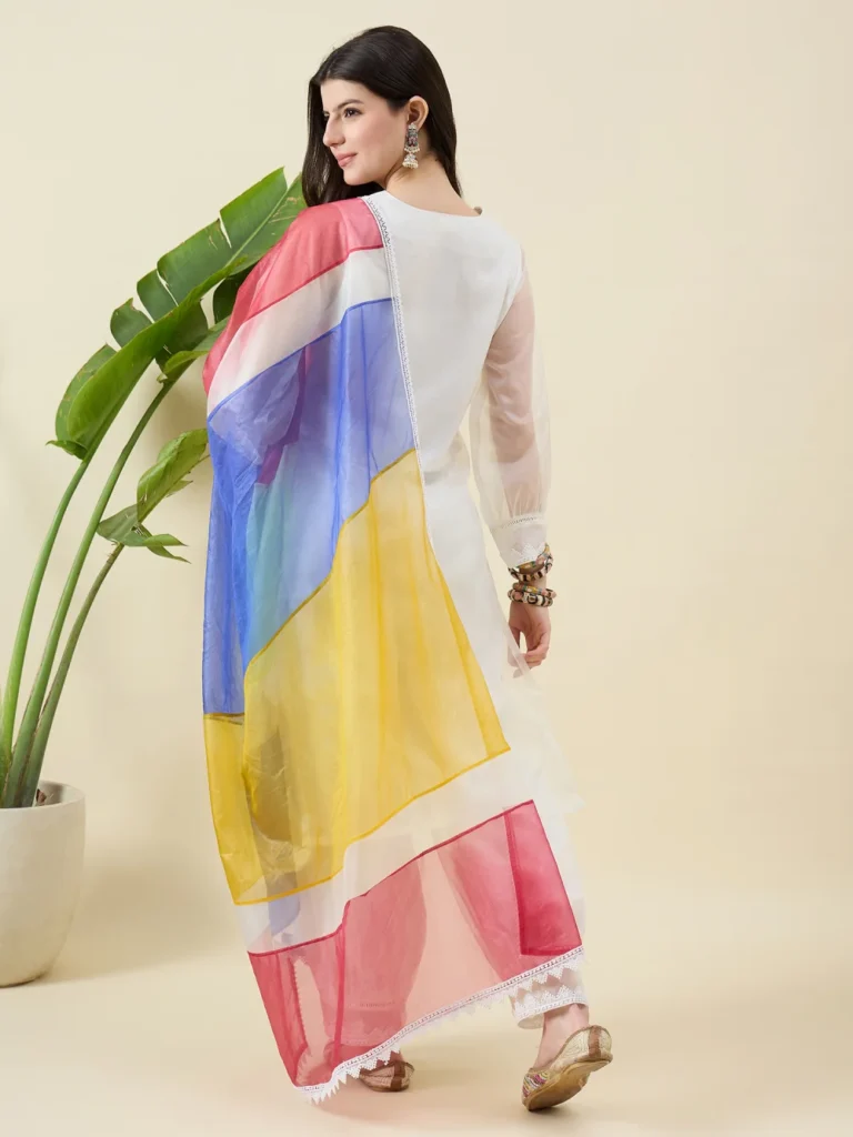 White Organza Kurta Set with Multicolour Dupatta