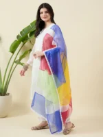 White Organza Kurta Set with Multicolour Dupatta