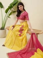 Yellow and Magenta Banarasi Silk Lehenga