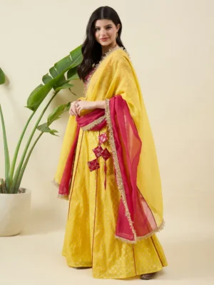 Yellow and Magenta Banarasi Silk Lehenga