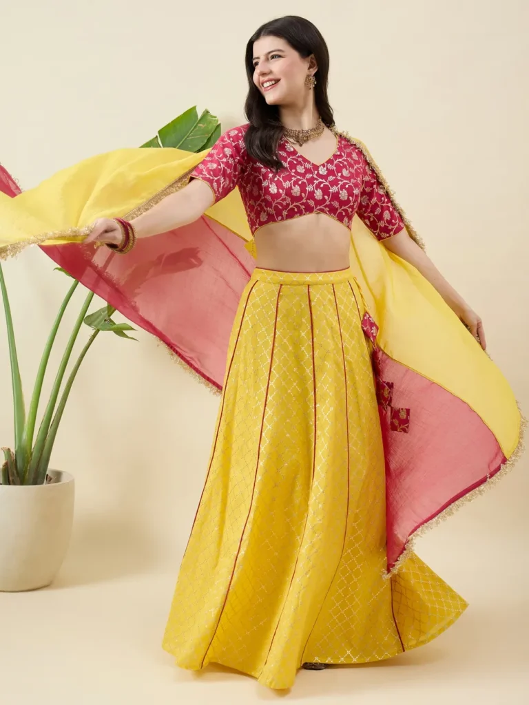 Yellow and Magenta Banarasi Silk Lehenga
